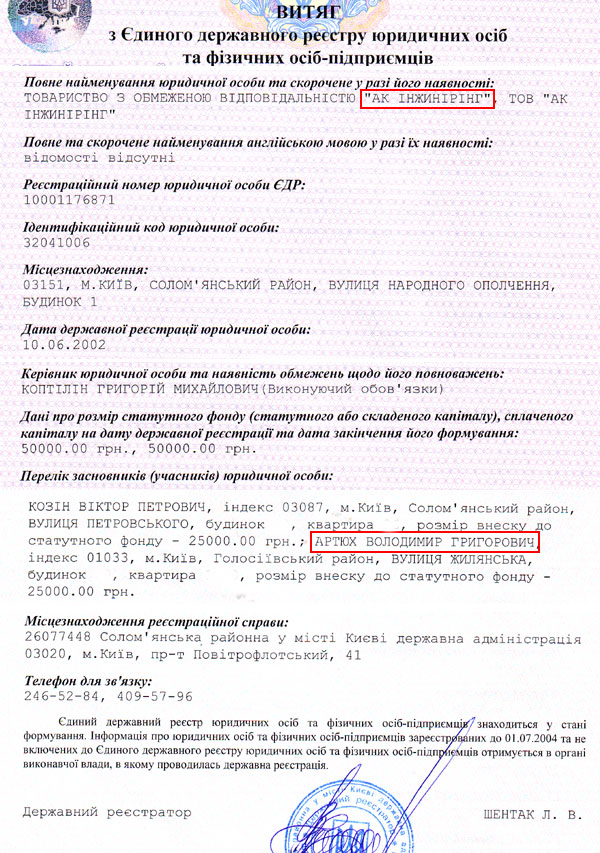 Виписка з реєстру ТОВ "АК Інжиніринг".