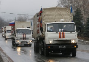 Russian convoy of trucks carrying humanitarian aid for Ukraine are seen in Makiivka in Donetsk region