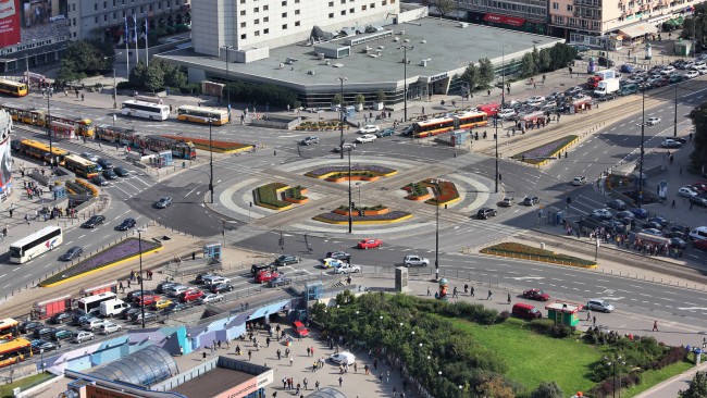 WARSAW - SEPTEMBER 8: People drive in heavy traffic on September 8, 2010 in Warsaw, Poland. Dmowskiego roundabout is the intersection of 2 most important streets in Warsaw.